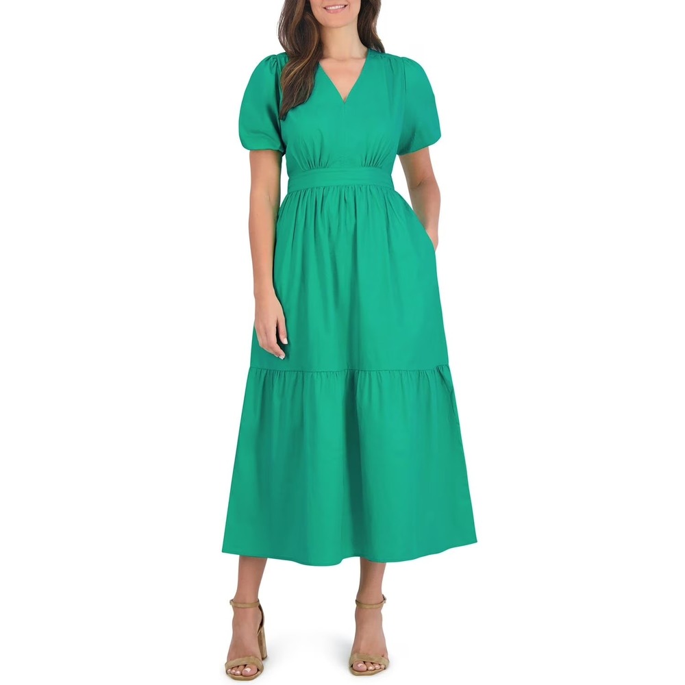 French Connection Midi Dress Women XXL Green Cotton Poplin Tiered Puff Sleeve